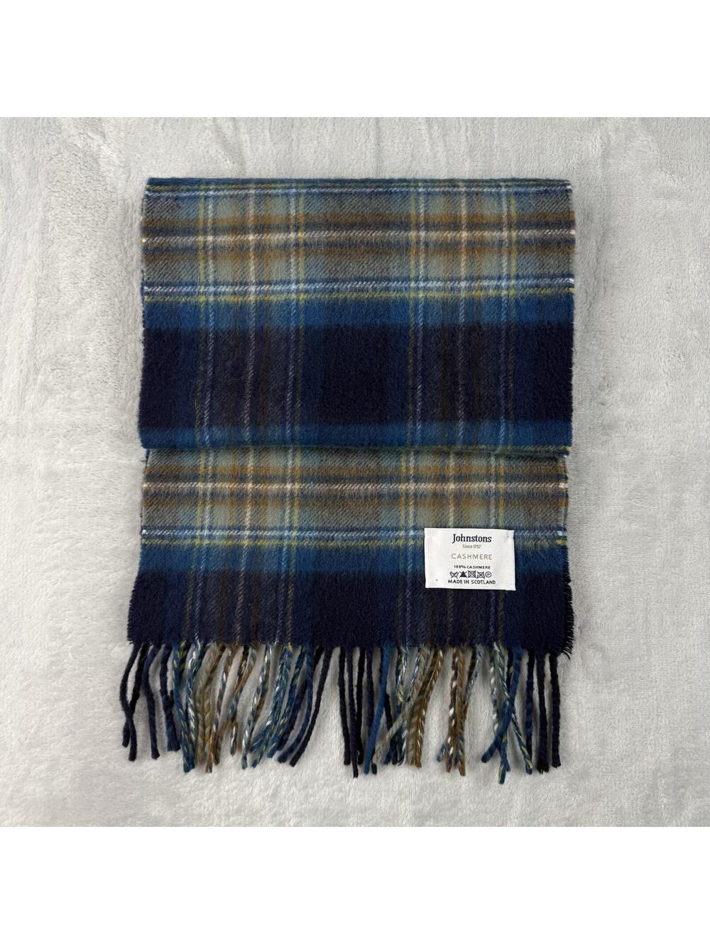 Johnstons of Elgin 100% Cashmere Scarf Blue Ivory Stripe Made in Scotland Luxury